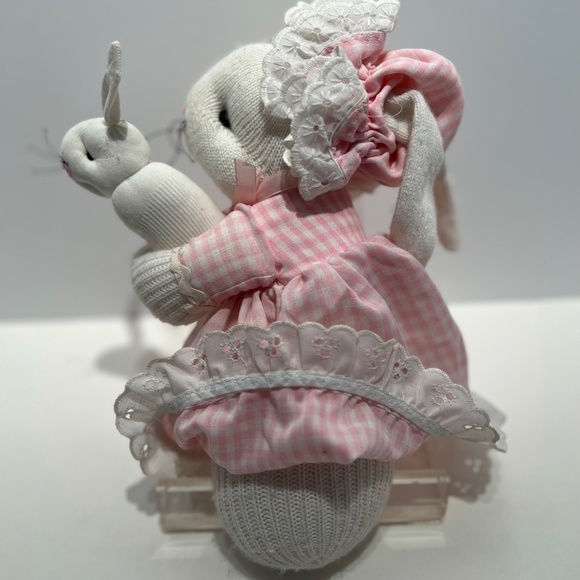 Vintage Handcrafted Socks and Pink Gingham Bunny Mommy and Baby Bunny - Picture 3 of 13